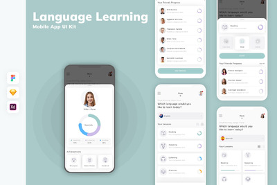 语言学习移动应用 App UI Kit (SKETCH,FIG,XD)