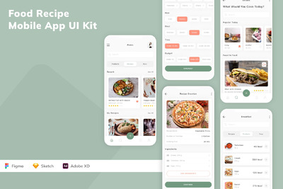 食物食谱移动应用 App UI Kit (SKETCH,FIG,XD)