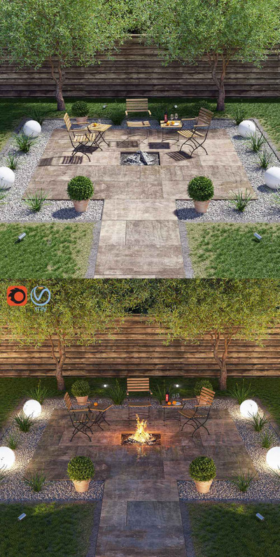 包含植物景观 鹅卵石和篝火堆的庭院 花园3D模型（FBX,MAX）