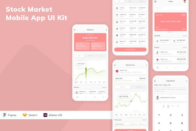 股票市场移动应用App UI Kit (SKETCH,FIG,XD)