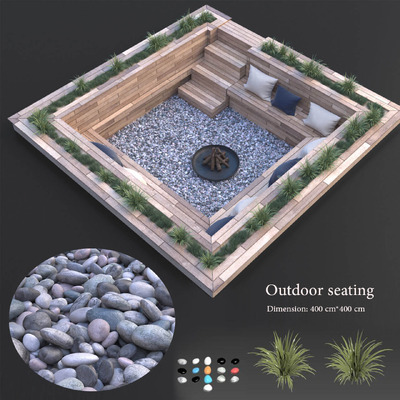 带观赏草丛 鹅卵石 木柴堆和抱枕的室外长凳3D模型（FBX,MAX）