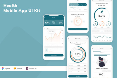 健康移动应用程序 UI 套件 (SKETCH,FIG,XD)