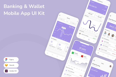 银行和钱包移动应用程序 UI 套件 (SKETCH,FIG,XD)