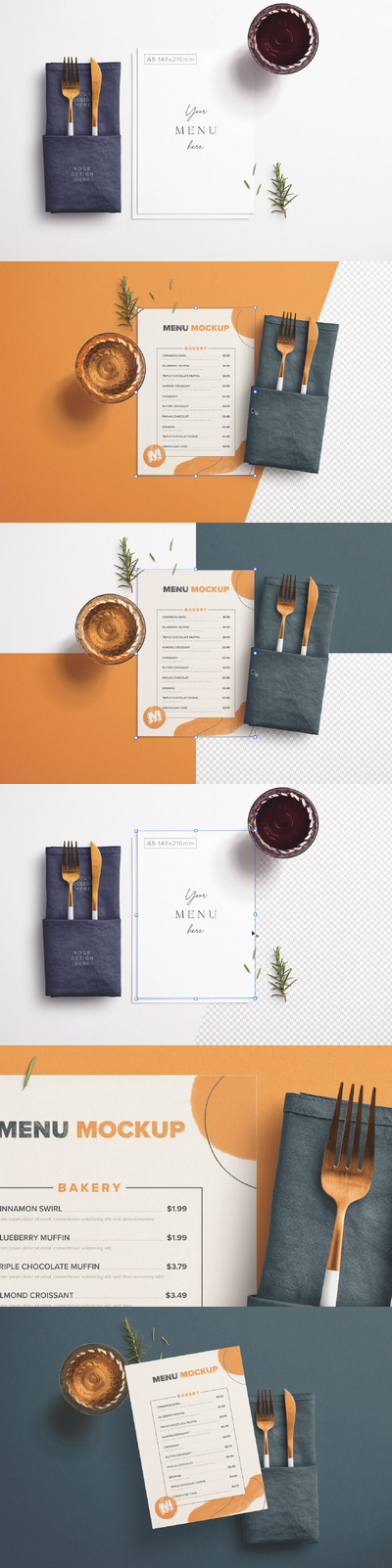 表 A5 菜单与餐具 餐巾 饮料样机 (PSD,PDF)