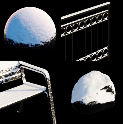 落在石头 栏杆和椅子上的雪3D模型（OBJ,MAX）