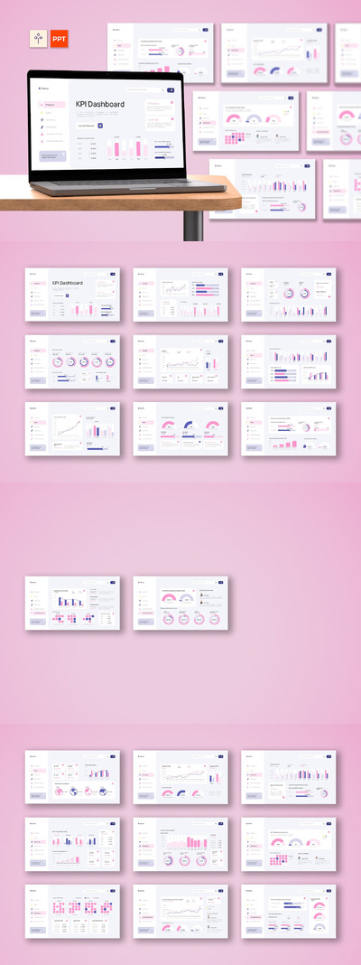 白色粉色蓝色干净现代 KPI 仪表板PPT模版 (PPTX)