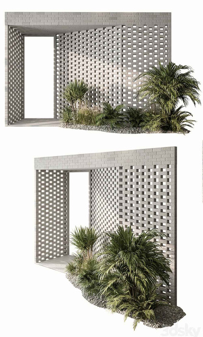 带绿植的砖石风格现代建筑入户门3D模型（OBJ,MAX）