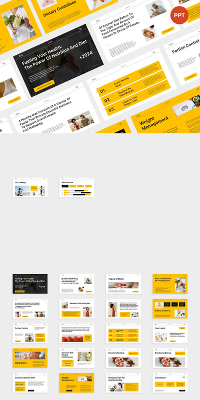 白色黄色健康饮食营养介绍PPT模版 (PPTX,PPT)