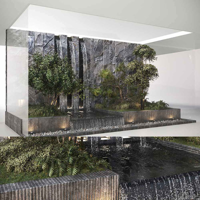 包含绿植 瀑布 鹅卵石的室内组合景观 花园景观3D模型（OBJ,MAX）