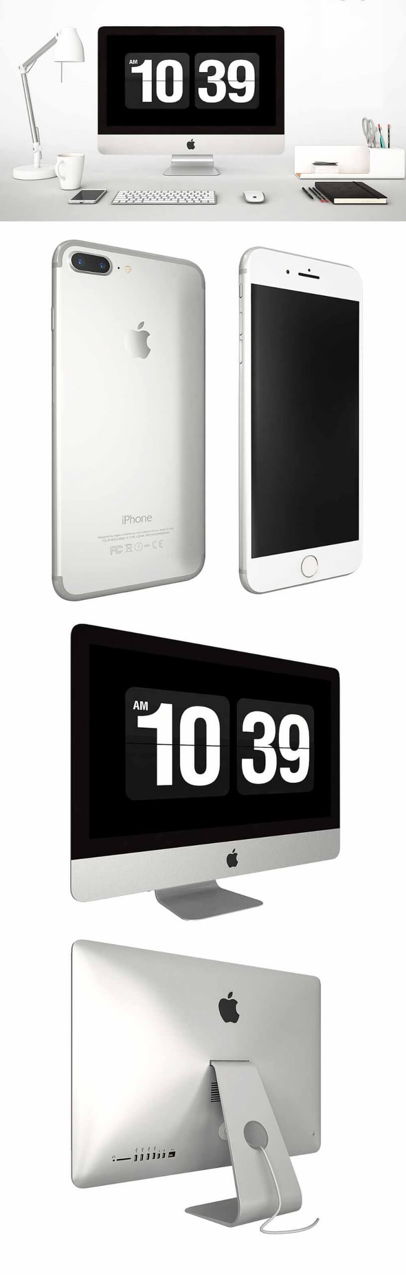 Imac电脑 苹果手机 咖啡和文具等工作桌面组合 工作场景3D模型（OBJ,MAX）