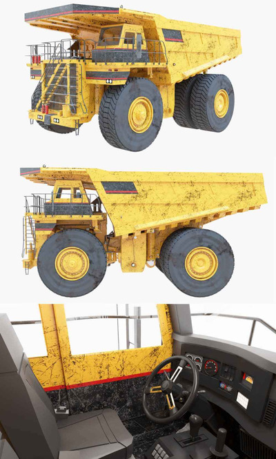 带驾驶室内饰的caterpillar矿用自卸式卡车3D模型（OBJ,FBX,MAX）