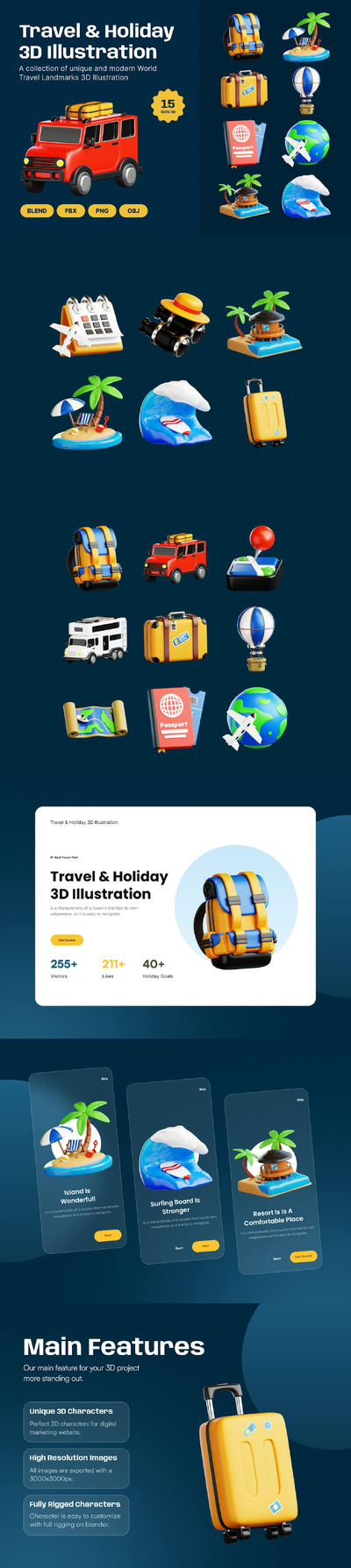 旅行和度假 3D 插图 (PNG,obj,blend,fbx)