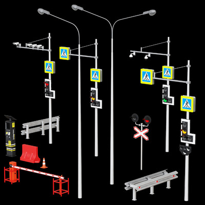 道路摄像头 交通指示灯 停车计时器等交通元素 道路设备3D模型（OBJ,FBX,MAX）