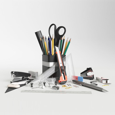 铅笔 钢笔 剪刀 订书机等文具组合3D模型（FBX,MAX）