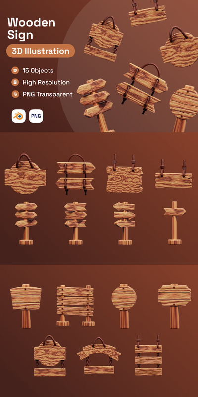 木牌- 3D 插图 (PNG,Blend)