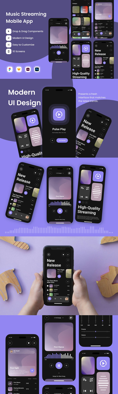 音乐流媒体移动应用App UI Kit (FIG,PSD,SKETCH,XD)