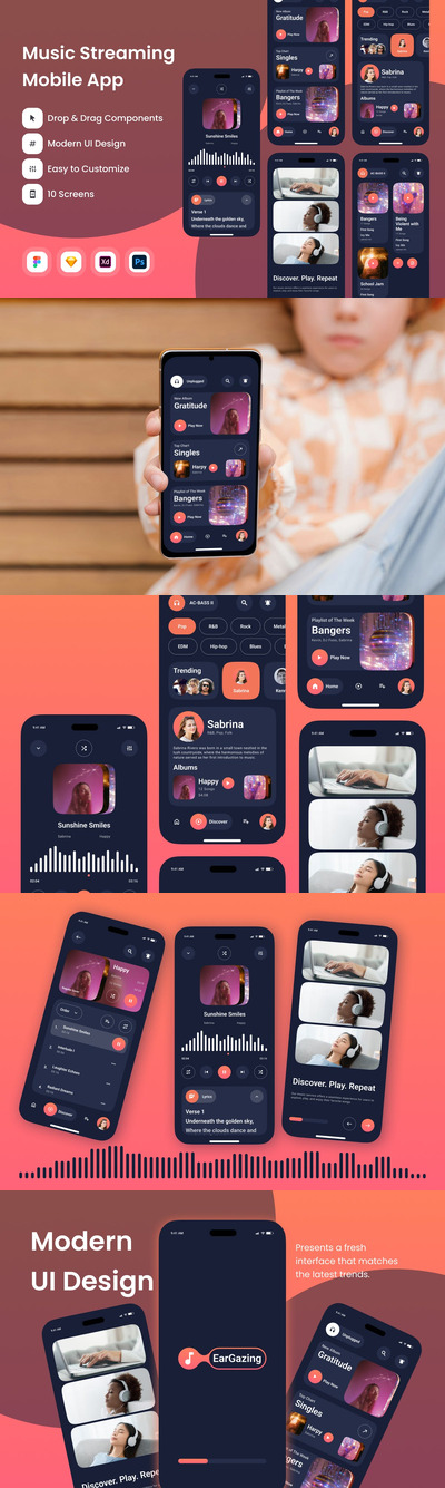 音乐流媒体移动应用程序App UI Kit (FIG,PSD,SKETCH,XD)