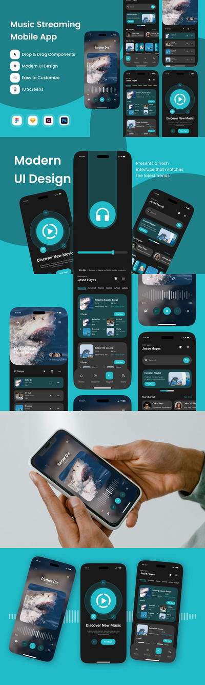 音乐流媒体移动应用App UI Kit (FIG,PSD,SKETCH,XD)