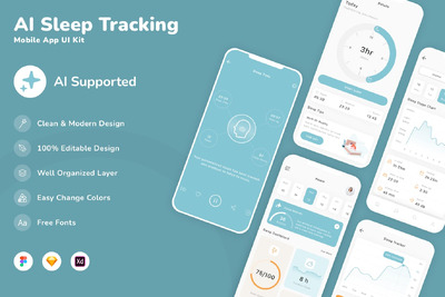 AI睡眠追踪移动应用App UI Kit (SKETCH,FIG,XD)