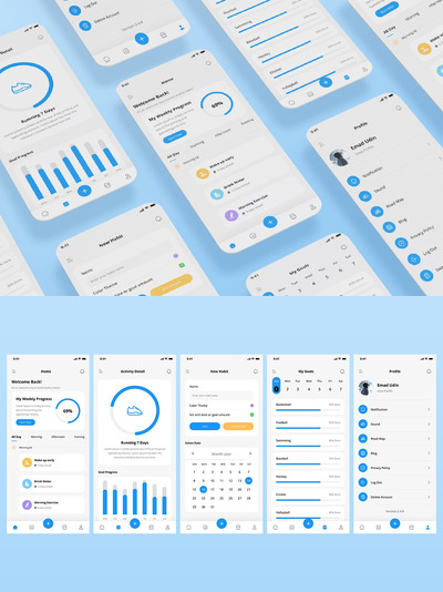 动机跟踪、活动和目标跟踪应用App UI Kit (PSD,XD,SVG,FIG,SKETCH)