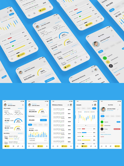 Saas 营销、分析、收益和提款应用App UI Kit (FIG,PSD,SKETCH,XD,SVG)