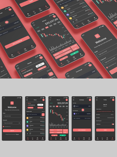 加密货币交易和加密货币硬币兑换应用App UI Kit (FIG,PSD,XD,SVG,SKETCH)