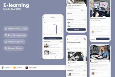 电子学习移动应用App UI Kit (SKETCH,FIG,XD)