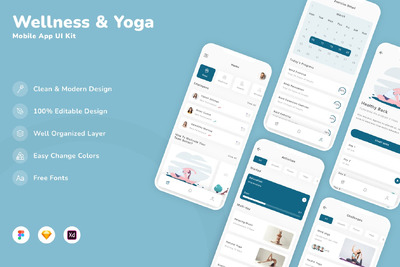 健康与瑜伽移动应用 App UI Kit (SKETCH,FIG,XD)