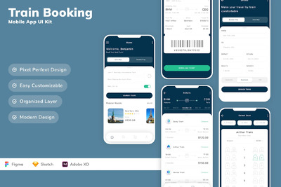 火车预订移动应用App UI Kit (SKETCH,FIG,XD)