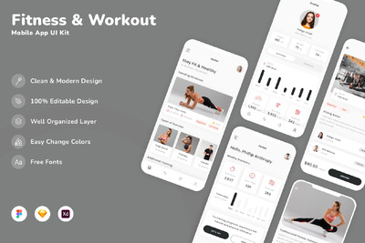 健身和锻炼移动应用App UI Kit (SKETCH,FIG,XD)