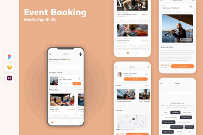 活动预订移动应用App UI Kit (SKETCH,FIG,XD)