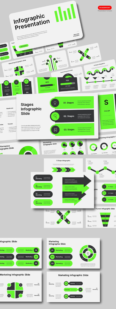 绿色黑色信息图表演示PPT模版 (PPTX,PPT)