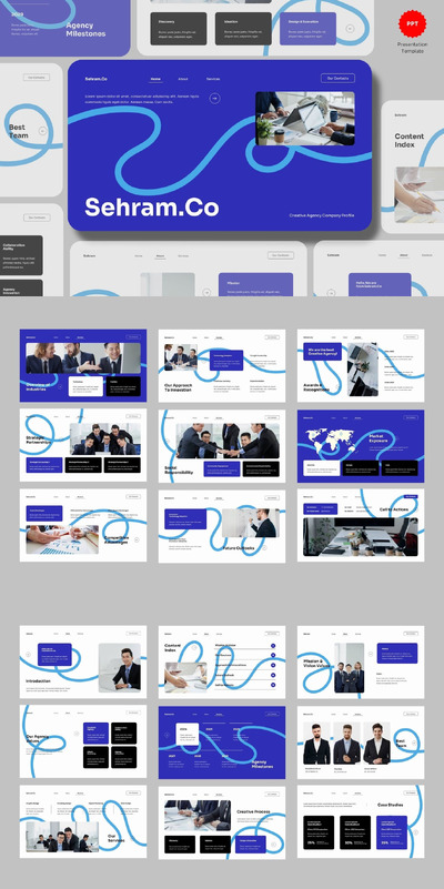 白蓝创意公司简介介绍PPT模版 (PPTX,PPT)