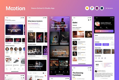 舞蹈学校和工作室应用 App UI Kit (SKETCH,FIG,XD,PSD)