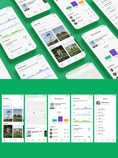 高尔夫俱乐部，高尔夫球场，打高尔夫比赛应用 App UI Kit (FIG,PSD,XD,SKETCH,SVG)