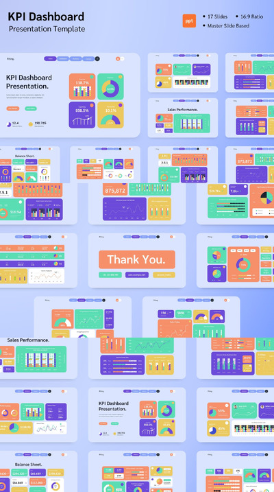 浅蓝色多彩公司业务 KPI 仪表板PPT模版 (PPTX,PPT)