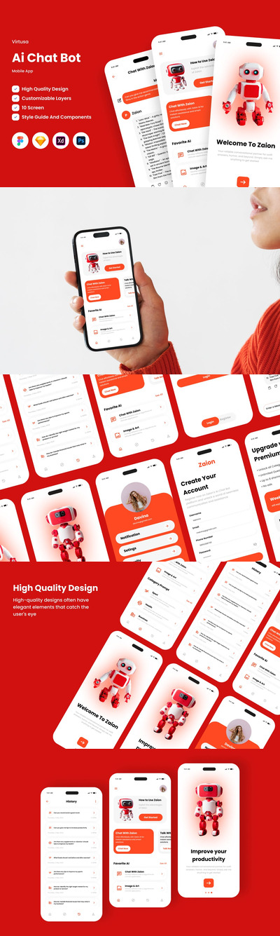 人工智能聊天机器人移动应用APP UI KIT (FIG,PSD,SKETCH,XD)