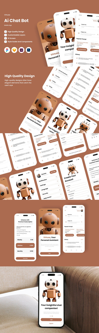 人工智能聊天机器人移动应用APP UI KIT (FIG,PSD,SKETCH,XD)