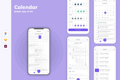 日历移动应用App UI Kit (SKETCH,FIG,XD)