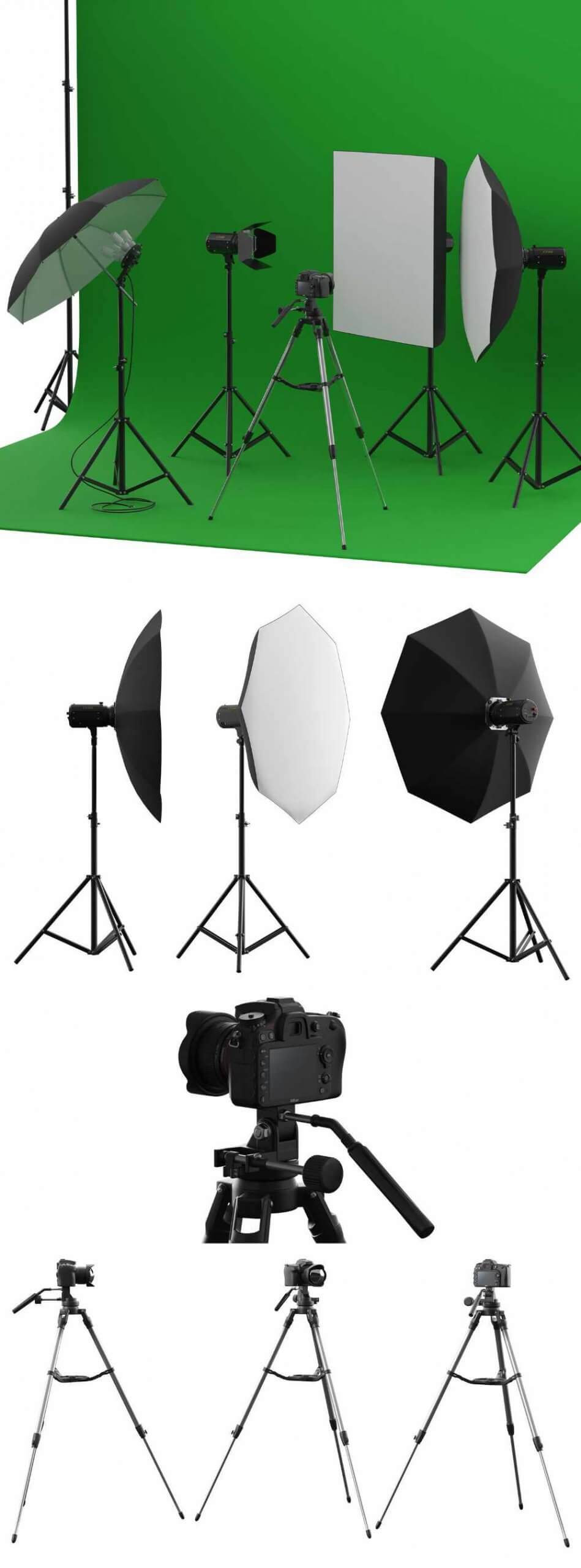 相机 三脚架 聚光灯 绿幕等摄影棚设备组合3D模型（OBJ,MAX）