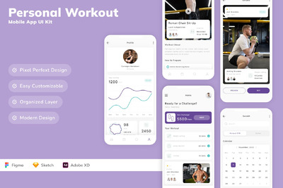 个人锻炼移动应用App UI Kit (SKETCH,FIG,XD)