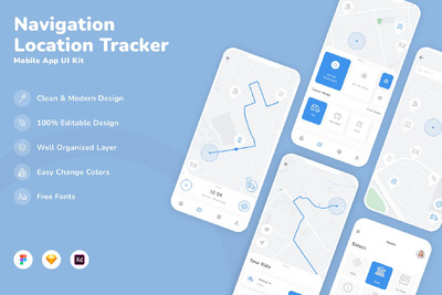 导航和位置跟踪器移动应用App UI Kit (SKETCH,FIG,XD)