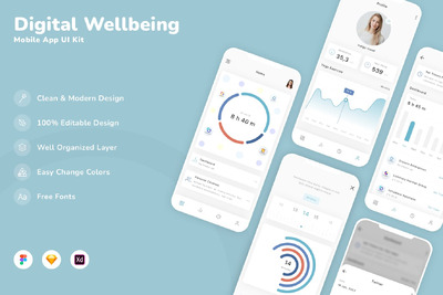 数字健康移动应用App UI Kit (SKETCH,FIG,XD)