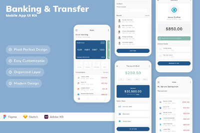 银行和转账移动应用App UI Kit (SKETCH,FIG,XD)