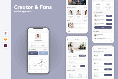 创作者和粉丝移动应用 App UI Kit (SKETCH,FIG,XD)