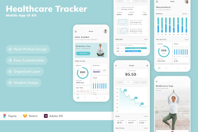 医疗保健追踪器移动应用App UI Kit (SKETCH,FIG,XD)