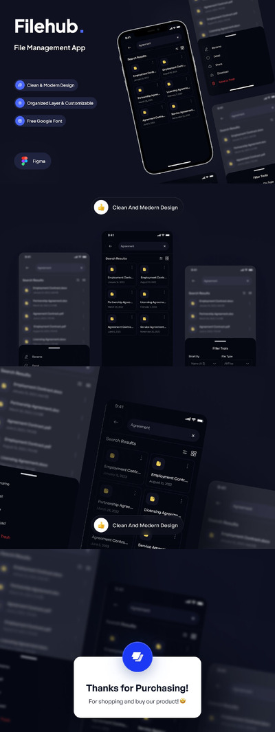 搜索结果页面上的文件管理过滤器APP UI KIT (FIG)