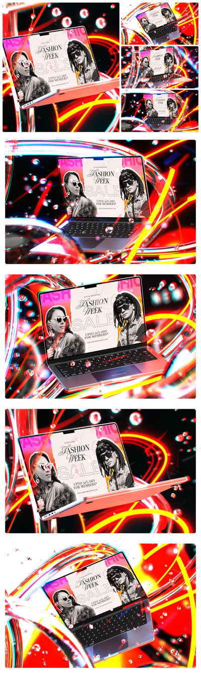 玻璃赛博朋克笔记本电脑样机 (PSD)