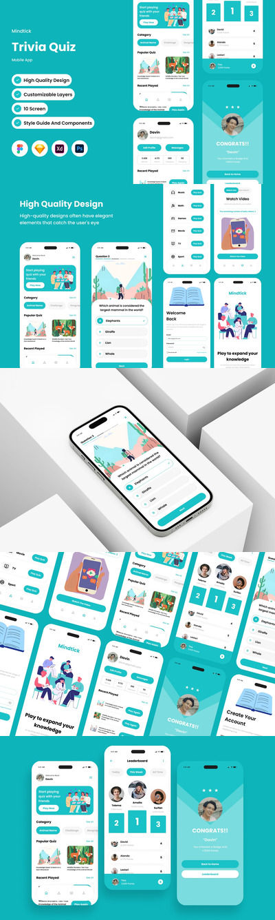 问答测验移动应用APP UI KIT (FIG,PSD,SKETCH,XD)