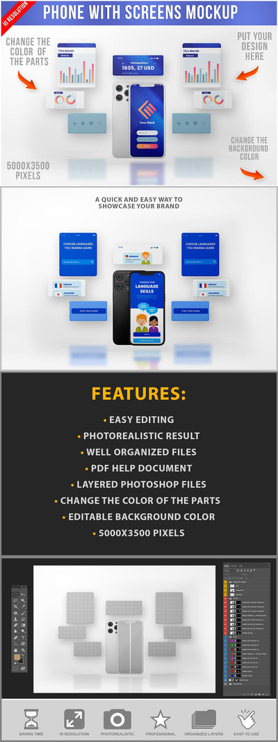 带屏幕样机的手机 (PSD)